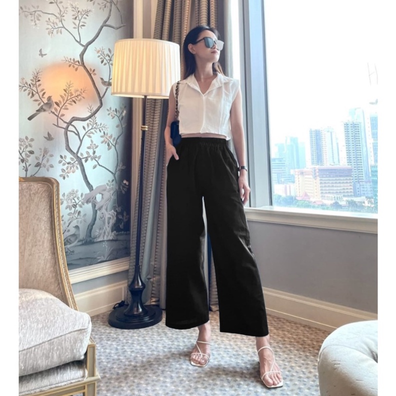 Celana Kulot Katun Linen Highwaist Pinggang Karet Viera HOPYLOVY