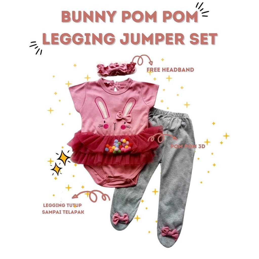 jumper newborn romper bay kado lahiran anak perempuan bunny pom pom legging JUMPER SET baby bayi cewek perempuan 0-12 bulan newborn romper fashion di