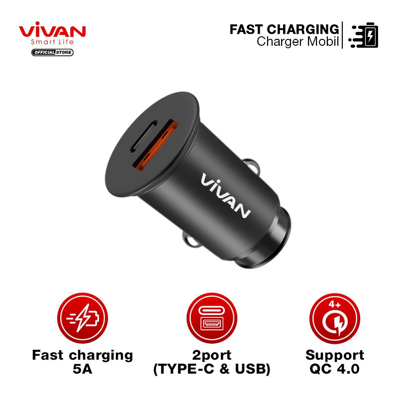 VIVAN Car Charger CCT2 Dual Port USB &amp; Type C Fast Charging 4.0 Garansi Resmi 1 Tahun