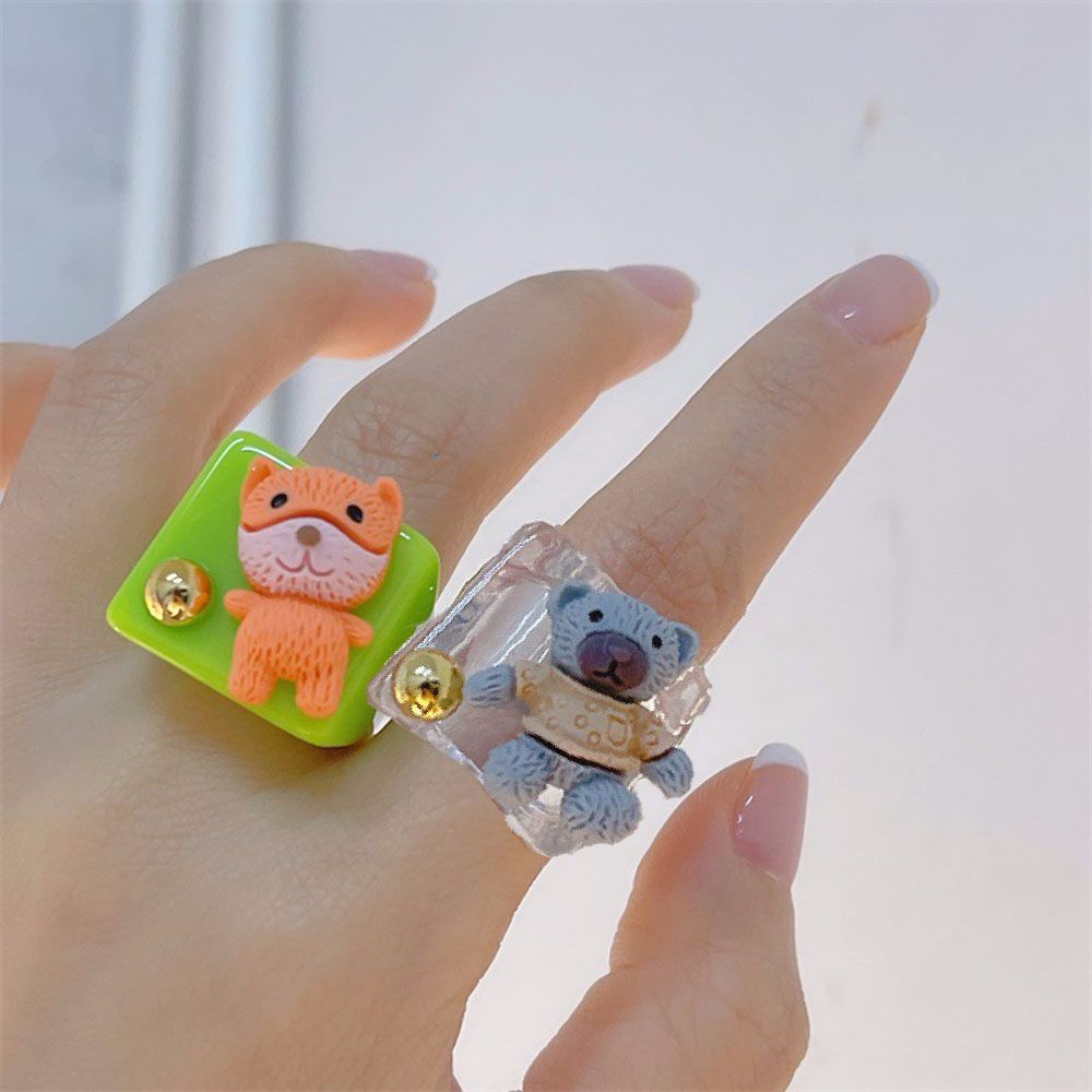 Needway  Women Girls Finger Ring 2021 New Style Fashion Accessories Resin Rings Bear Rabbit Bunny Dog Cute Lovely Acrylic Resin Sweet Korean Cartoon Animal Party Jewelry