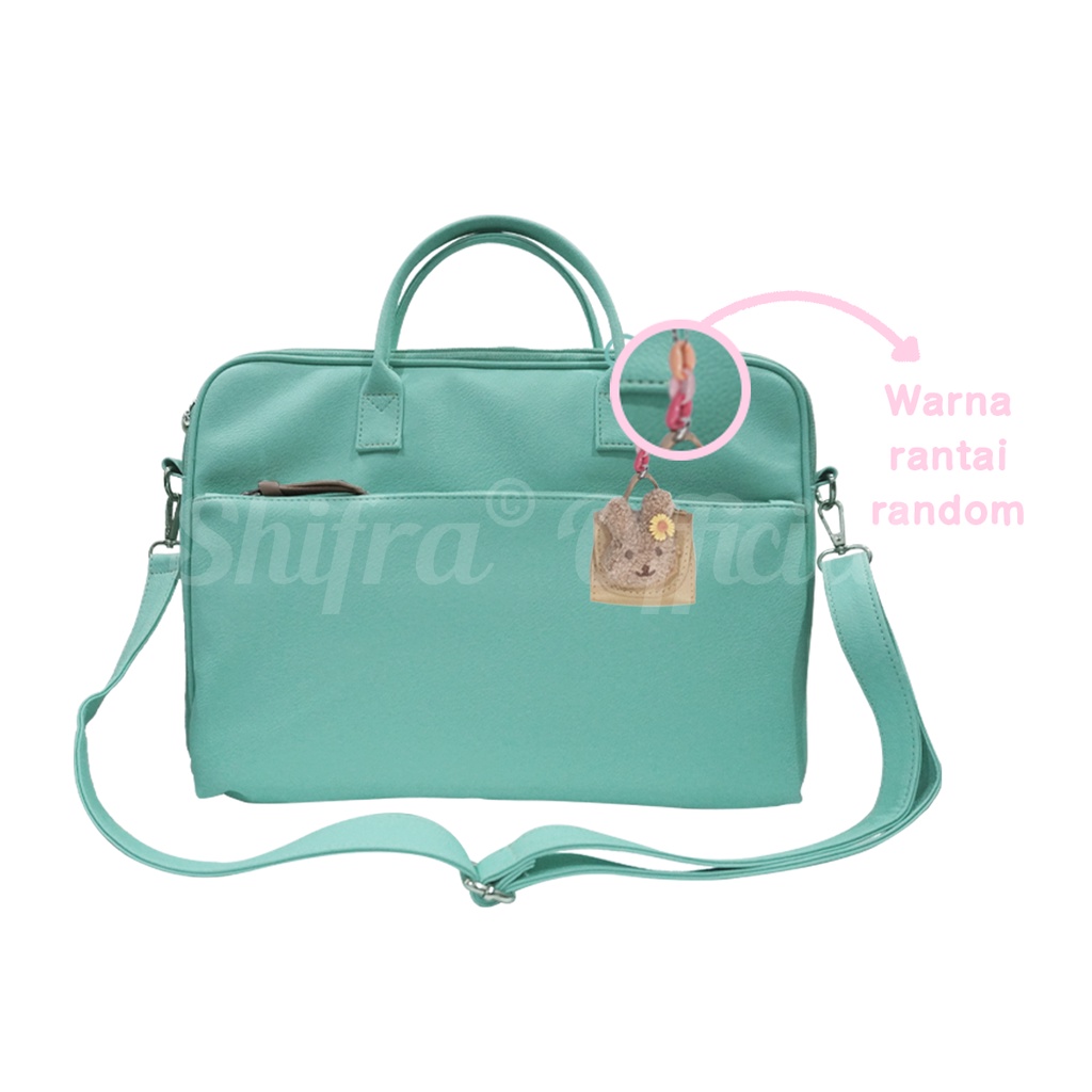 Shifra Tas Laptop Selempang Tali Panjang Polos Kulit Sintetis Waterproof Navy Pink Tosca (Free Mini Pouch Gantung Bear Rantai Random)