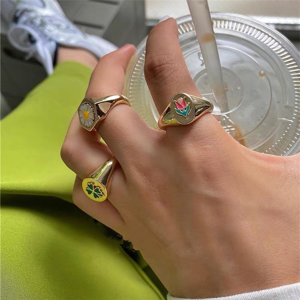 Creative Geometric Sweet Flower Ring Retro Multicolor Love Ring Fashion Index Finger Ring Accessories Female