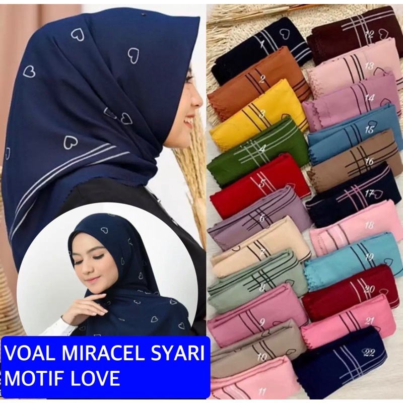 dhia - VOAL MIRACEL SYARI MOTIF LOVE LC. UKURAN 130 x 130 KERUDUNG SYARI VOAL MOTIF ELEGANT. KERUDUN