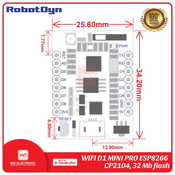 ROBOTDYN WIFI D1 MINI PRO ESP8266 CP2104 LIKE WEMOS D1 MINI PRO ESP8266