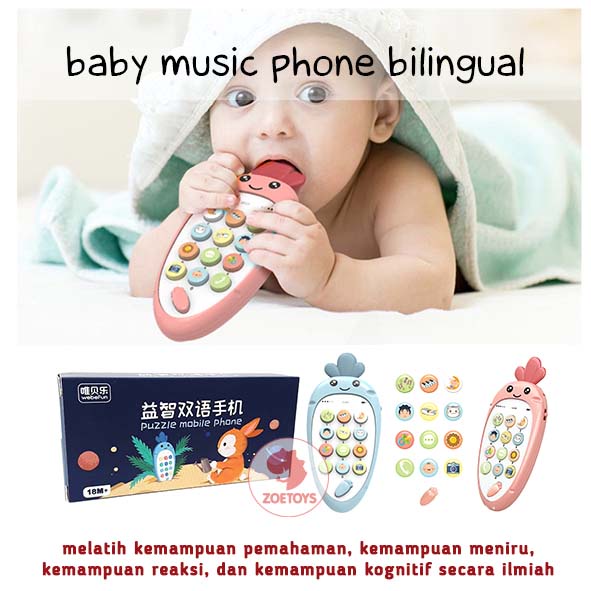 Zoetoys Baby Music Phone Bilingual | Handphone Carrot Teether Early Learning Sing Song | Telepon Kelinci Wortel Bunyi Belajar Bunyi dengan Lampu Musik Nyanyi HP Bayi | Mainan Edukasi Anak