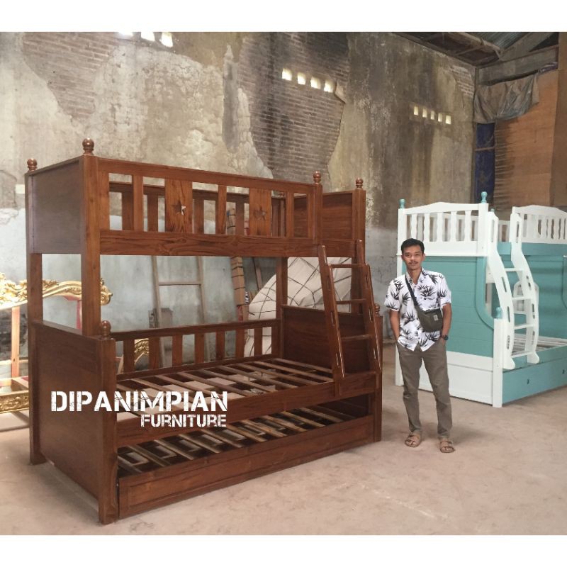tempat tidur tingkat jati - dipan tingkat kayu jati minimalis - ranjang susun jati