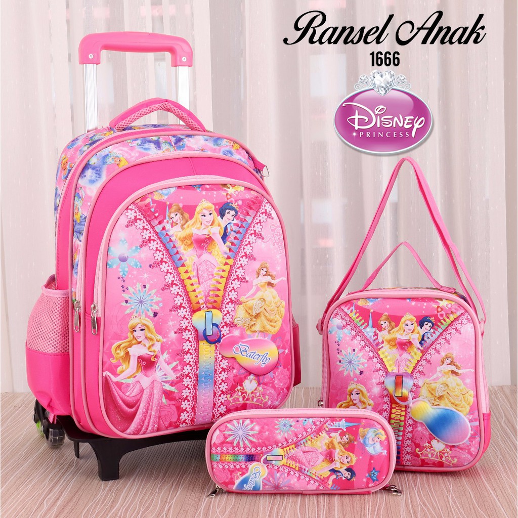 (RK)Tas Troli Anak Perempuan Cewek TK SD Disney Princess Pink 3in1 3D Timbul