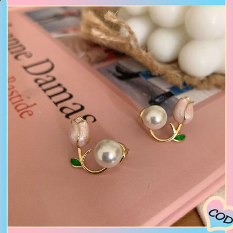 COD❤️ Hiasan Mutiara Imitasi Bunga Tulip Temperamen Anting Modis Manis-A.one