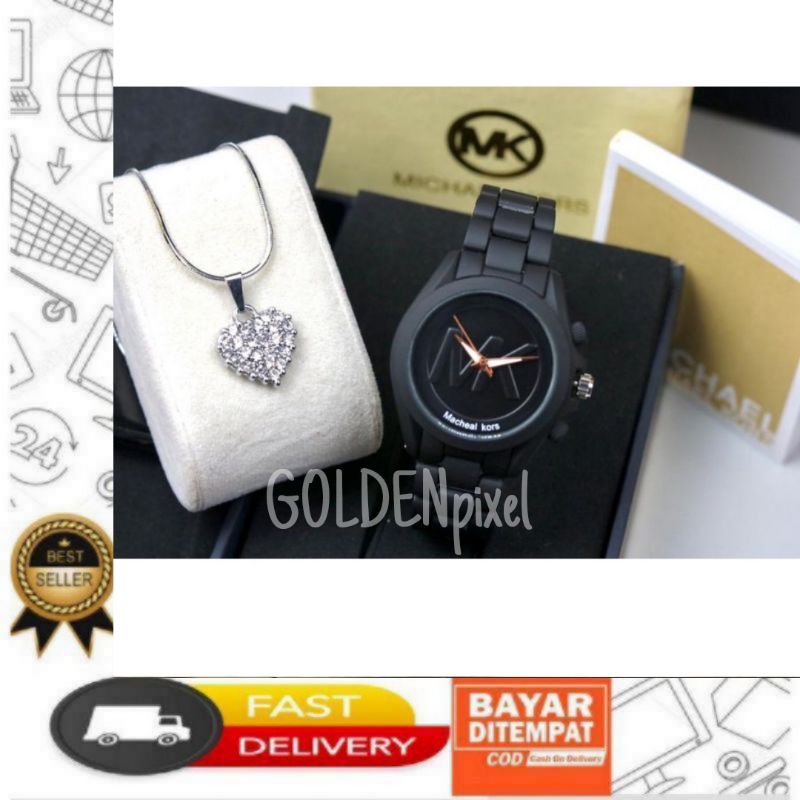 JAM TANGAN WANITA MK KERAMIK FREE KALUNG & BOX GOLDENpixel