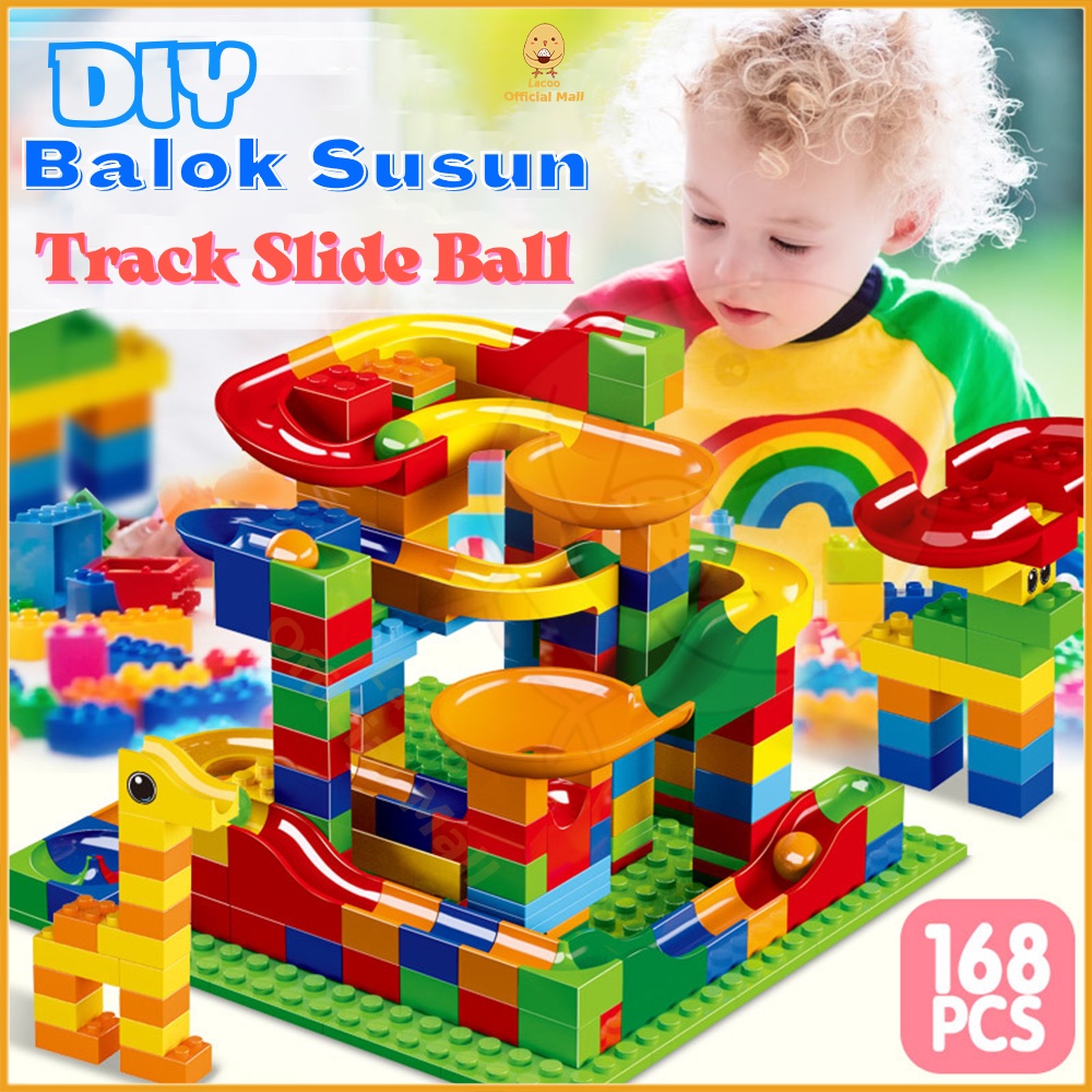 Lacoo Mainan anak 168 pcs DIY Balok susun kecil Building brick Marble run race maze block Small funny blocks mini Track slide ball