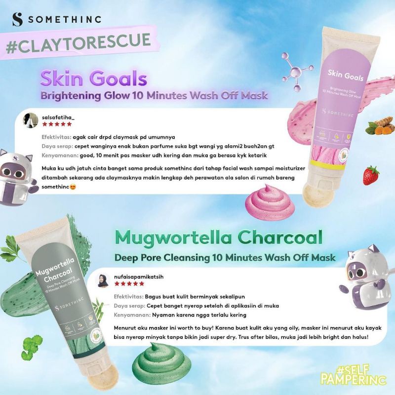 Masker Wajah SOMETHINC 10-Minutes Wash Off Mask 60 ml - SKIN GOALS Brightening Glow / MUGWORTELLA CHARCOAL Deep Pore Cleansing - Clay Mask Something Someting Sometinc Somethink Sometink