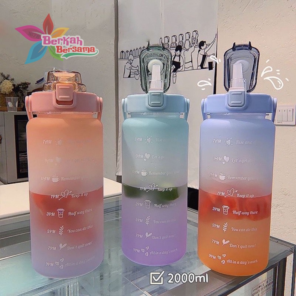 RT61 botol minum tumbler korea warna gradasi pelangi penanda waktu ukuran besar 2 liter 2000ml 2l BB6205