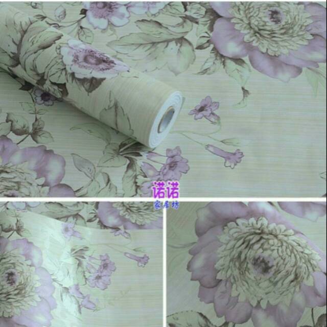 WALLPAPER DINDING STICKER MOTIF SERAT BUNGA UNGU BESAR