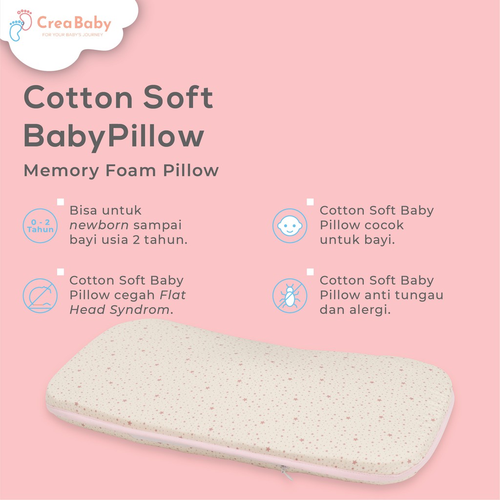 CREA BABY Cotton Soft Memory Foam Baby Pillow | Bantal anti peyang | Bantal tidur bayi