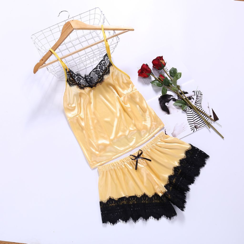 HUES.ID Sexy Lingerie Baju Tidur Wanita Import Sleepwear Bahan Silk Wanita 3049-YELLOW