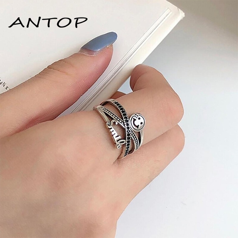 Smiley Surat Cincin Kepribadian Wanita Retro Pembukaan Adjustable Pasangan Cincin Perhiasan  ANTOP