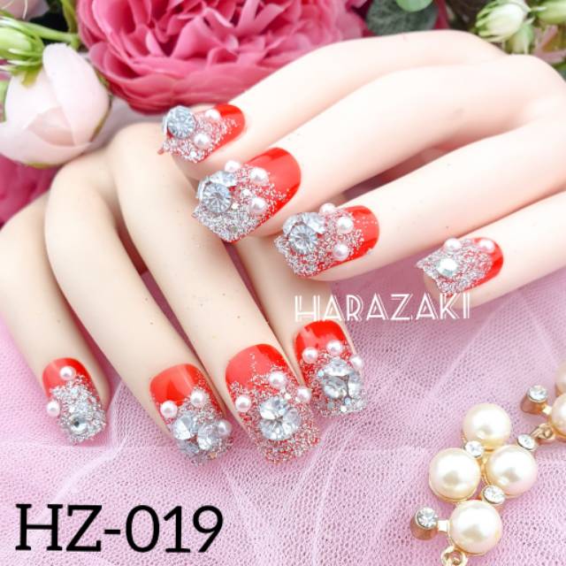 HZ019 kuku palsu merah diamond mutiara