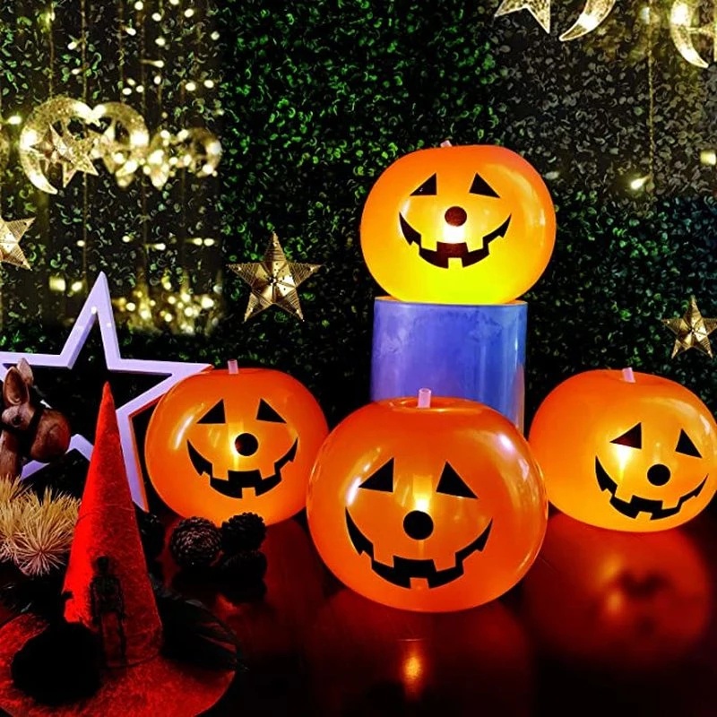 5pcs / Set Balon Latex Bentuk Labu Halloween Dengan Lampu LED Tenaga Baterai Untuk Dekorasi Pesta