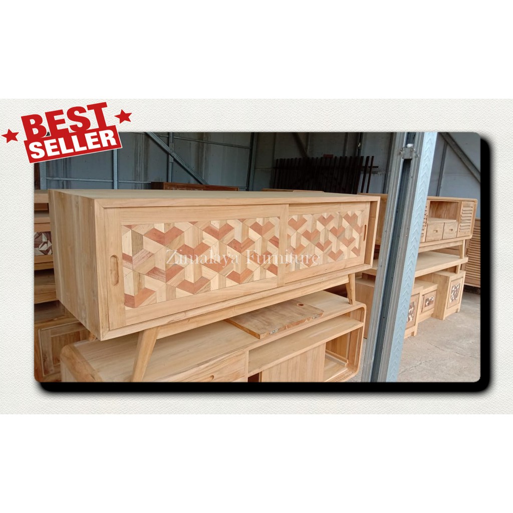 MEJA TV MINIMALIS JATI MODEL RETRO PINTU SLIDING MENTAH