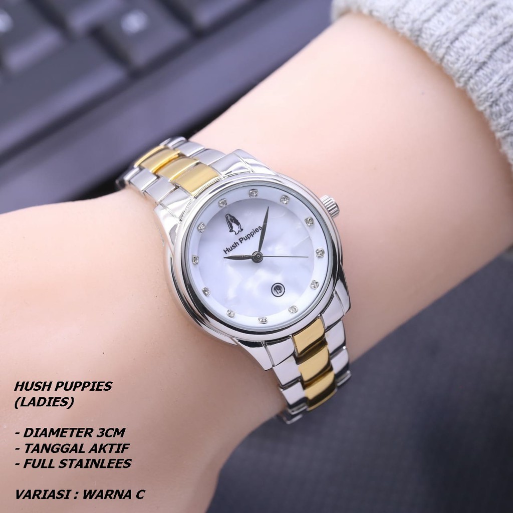 ( BISA COD ) JAM TANGAN WANITA HUSH PUPPIES RANTAI BODY BULAT TANGGAL AKTIF