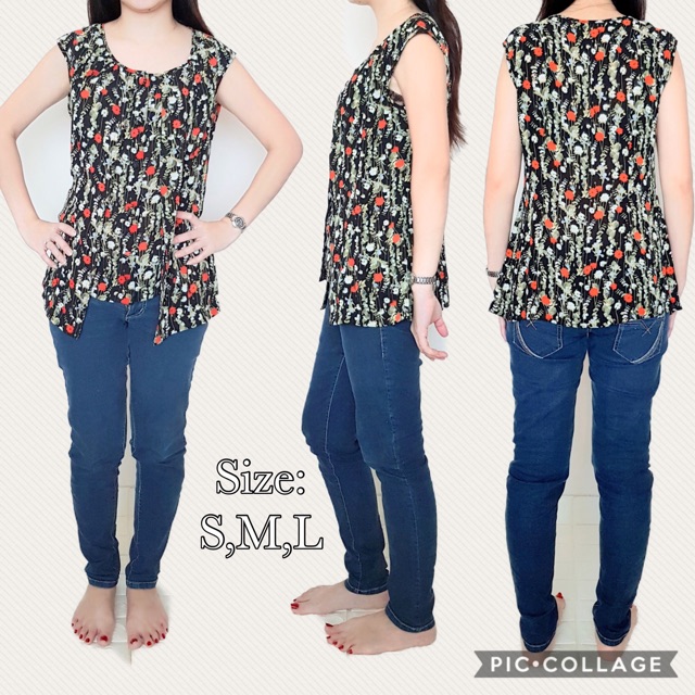Victoria Top Blouse Wanita Bahan Sifon Warna Hitam Motif Bunga