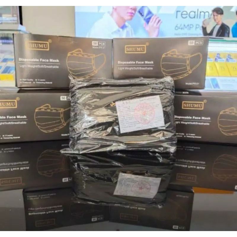 Masker Premium 3ply Hitam Earloop Isi 50 - Masker Medis Surgical Mask