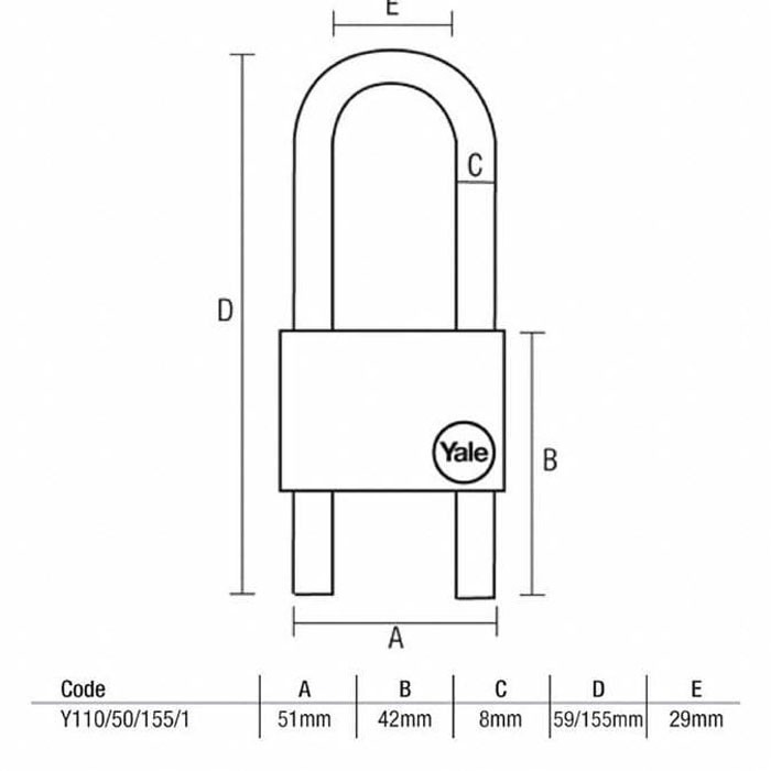 Yale Y110-50-155-1 Classic Solid Brass Adjustable Shackle Padlock 50mm Gembok