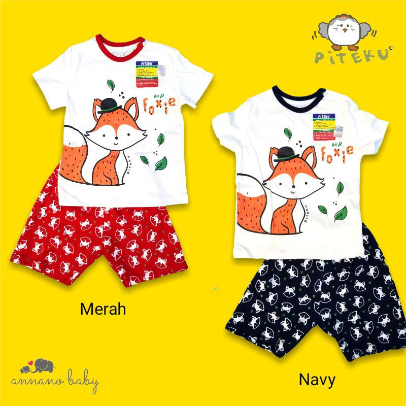 PITEKU Setelan Baju Bayi Laki-Laki 12-18 Bulan - Oblong Kancing & Celana Pendek