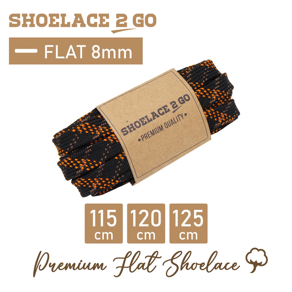 SHOELACE 2 GO PREMIUM TALI SEPATU MOTIF GEPENG PIPIH FLAT - N16 BLACK ORANGE - 115CM 120CM 125CM