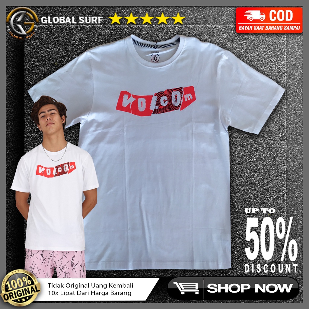Kaos Volcom Original  Surf Motif Print Depan Baju Pria Lengan Pendek Warna Putih Casual Regular Fit