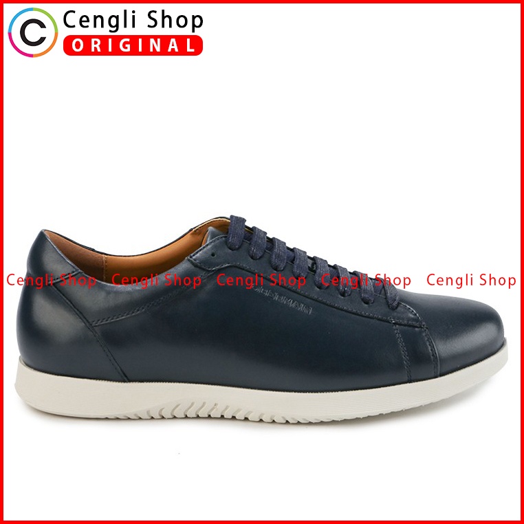 SEPATU OBERMAIN PRIA ORIGINAL SNEAKER CASUAL KULIT ASLI BIRU NAVY OM02