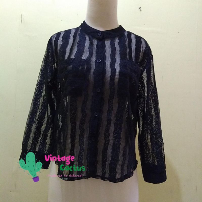 Preloved Kiki Black Striped Mesh Sheer Blouse Shirt - Kemeja Blus Wanita Haris Hitam - Crop