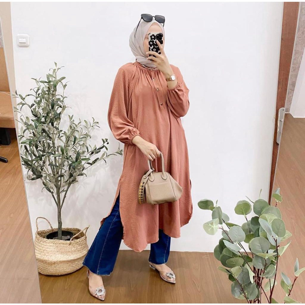 1KG MUAT 4PCS | RENITA LONG TUNIK KANCING AIRFLOW CRINKLE HITS OOTD FASHION WANITA SELEBGRAM TERMURAH