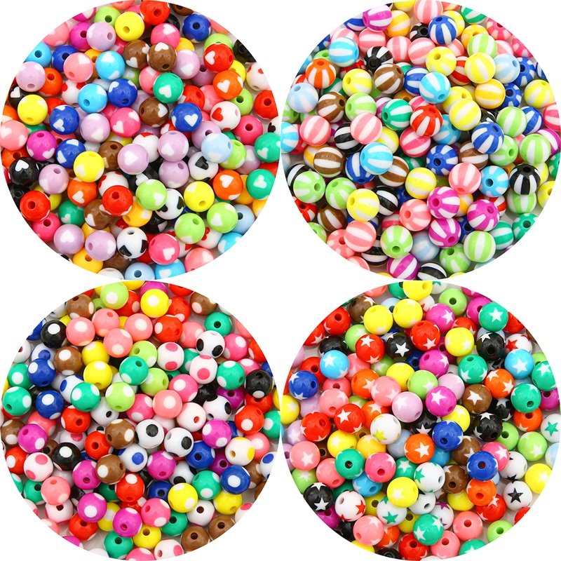 10 Pcs Manik-Manik Bola Bulat Motif Hati Bintang Garis Dot Bahan Akrilik Ukuran 12mm Untuk Membuat Perhiasan