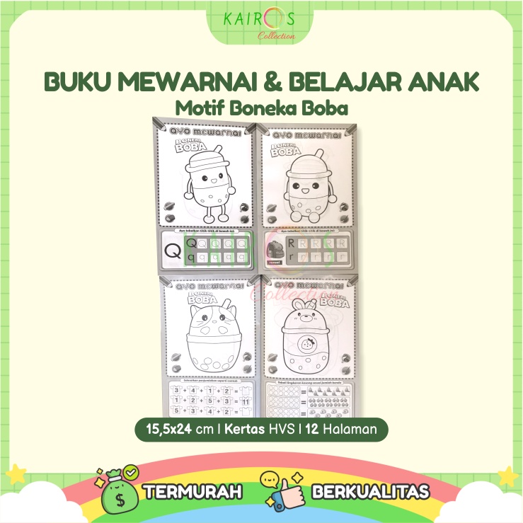 Paket Buku Warna Belajar Anak Motif Mewarnai Boneka Boba + Crayon  Atau Pensil Warna