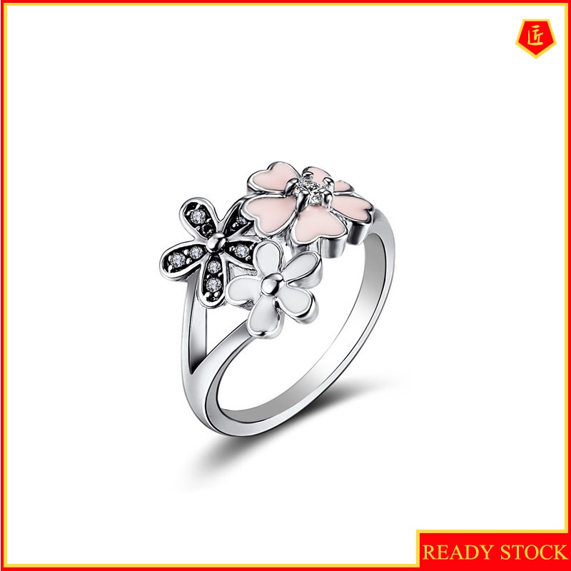 [Ready Stock]Women's Silver Diamond Pink Sakura Ring