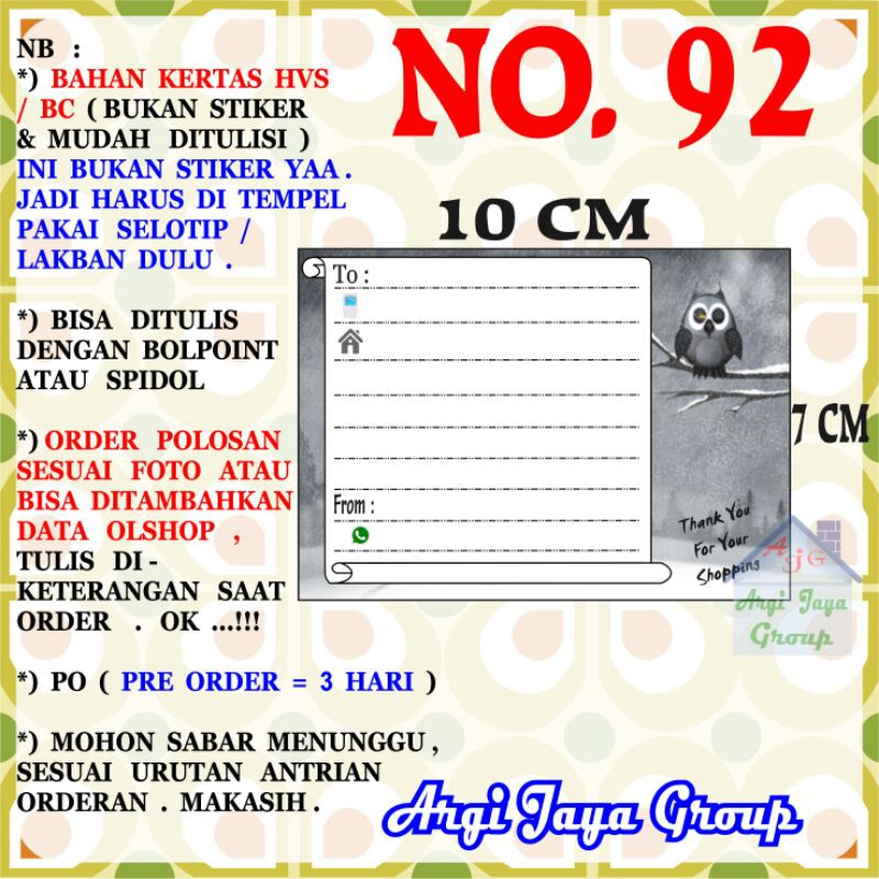 

Label Pengiriman Alamat Olshop Murah Nomer 92 - 10x7cm - Kertas BC (Manila)