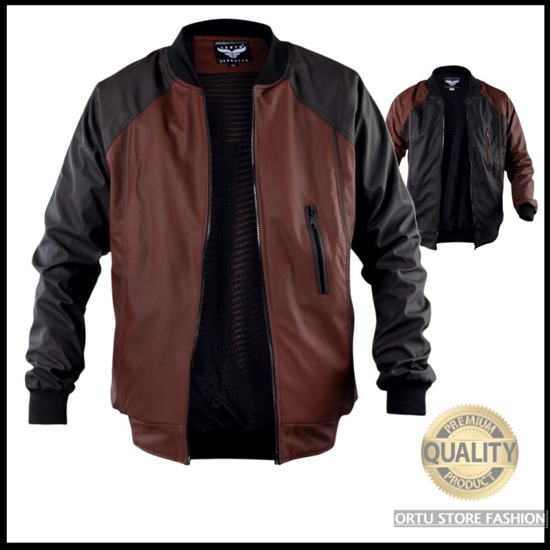 Jaket Kulit Bomber Premium Pria BKRS 018 Anti Air Jacket Motor Distro Original Waterproof cowok Laki laki Semi Kulit Sintetis Karlit Biker Warna Cokelat Hitam Kombinasi ukuran L XL XXL Big size Bandung Tebal Terbaru Keren Murah Bagus Laki laki