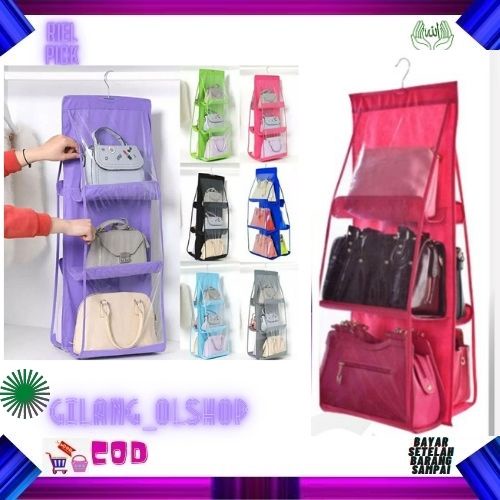 RAK TAS GANTUNG 3 SUSUN 6 SLOT POLOS PLASTIK BAG ORGANIZER HANGING