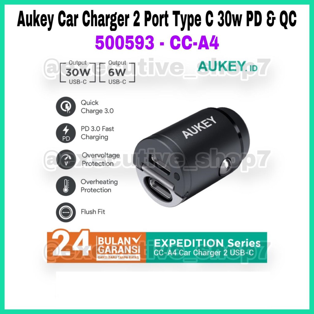 Aukey Car Charger 2 Port Type C 30w PD &amp; QC - 500593 / 500838