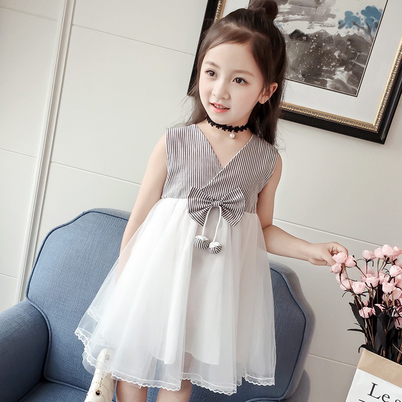 Dress Princess Korea Anak Perempuan Tanpa Lengan Bahan Katun Aksen Pita Simpul untuk Musim Panas