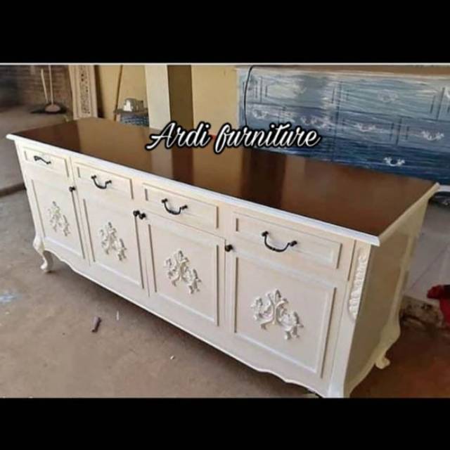 Murah Rak tv putih kombinasi meja tv jati bufet  jepara