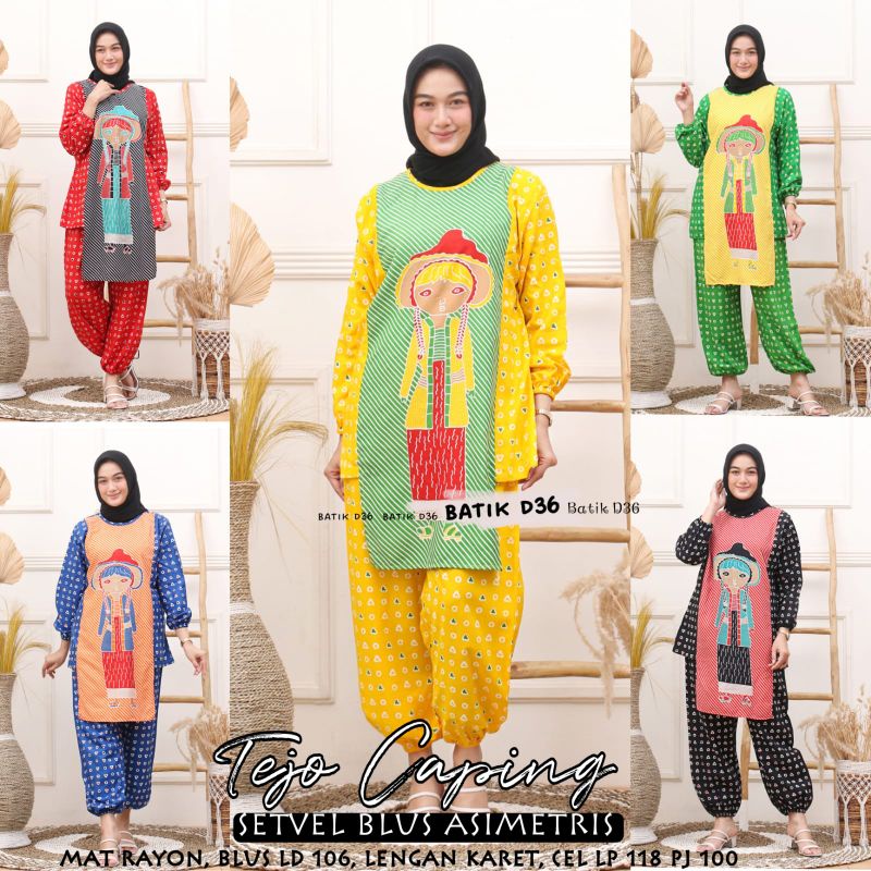 Setelan Celana Blus Asimetris Rayon Halus Lengan Karet Tejo Caping