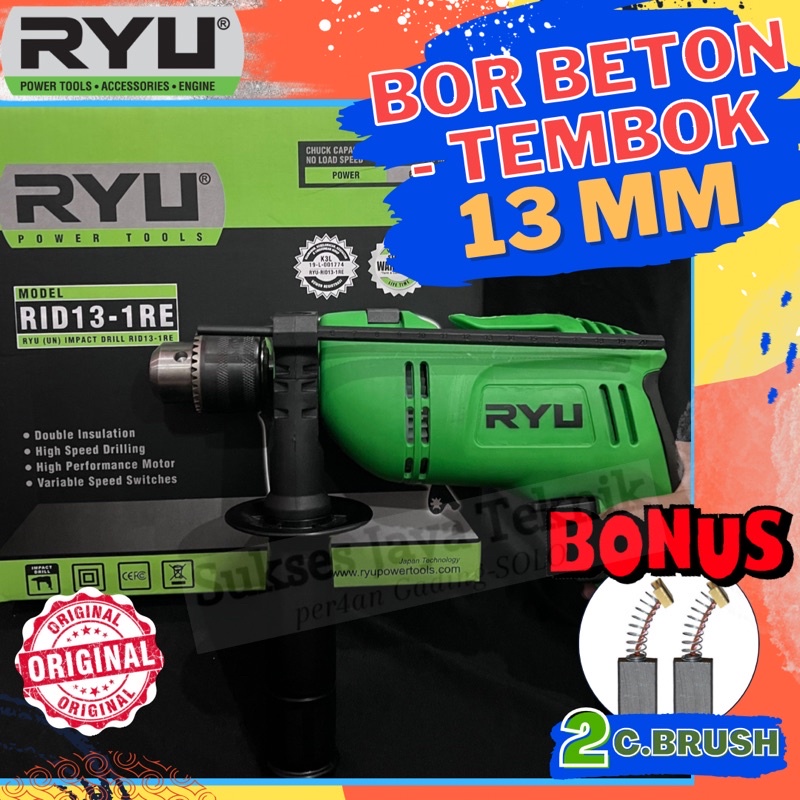 Mesin bor tembok beton ryu 13mm RID 13 1 RE bolak balik bonus cadangan carbon brush free bubble wrap