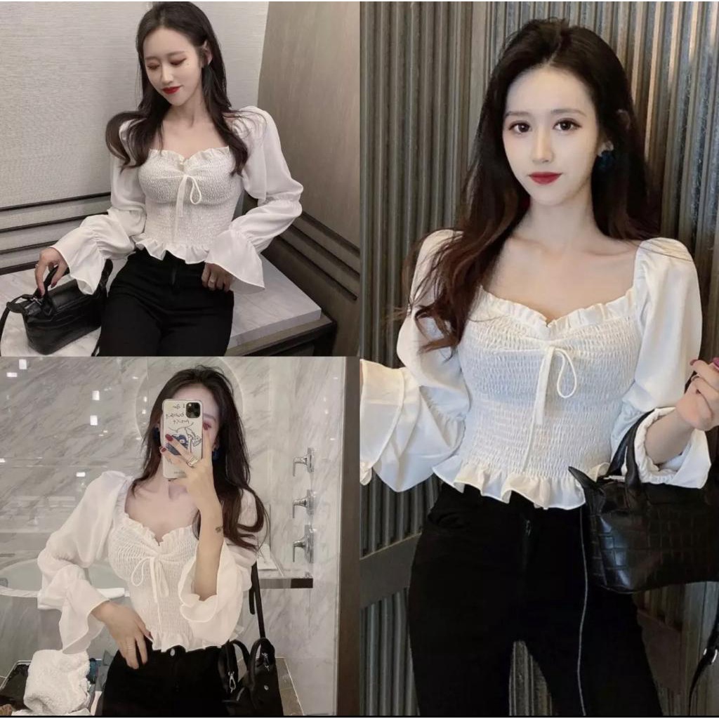 Basic id fashion  Top sabrina / Atasn wanita smock / Blouse korean style