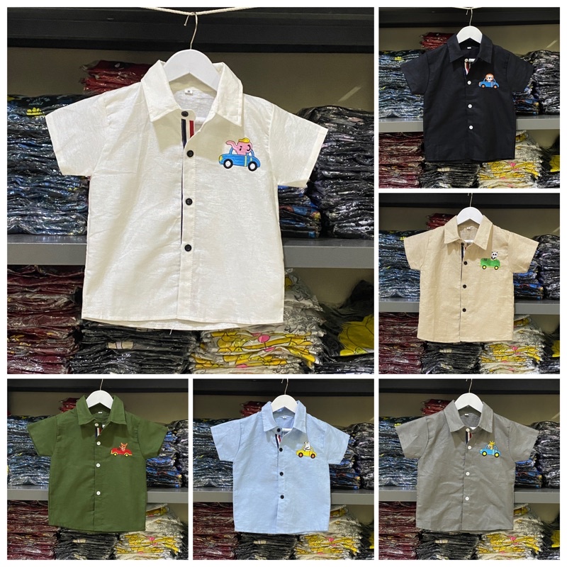 Jikialiang - KEMEJA ANAK LAKI LAKI &amp; PEREMPUAN USIA 1-9 TAHUN BAHAN KATUN LINEN BORDIR MOBIL