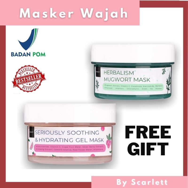 SCARLETT Whitening Mask Indonesia / Herbalism Mugwort Seriously Soothing &amp; Hydrating Gel Masker Facial Wash Essence Toner Serum Ampoule Day Night Cream Sunscreen Body Shower Scrub Lotion Shampoo Conditioner / Brightly Ever After Acne Paket Mini Full Set