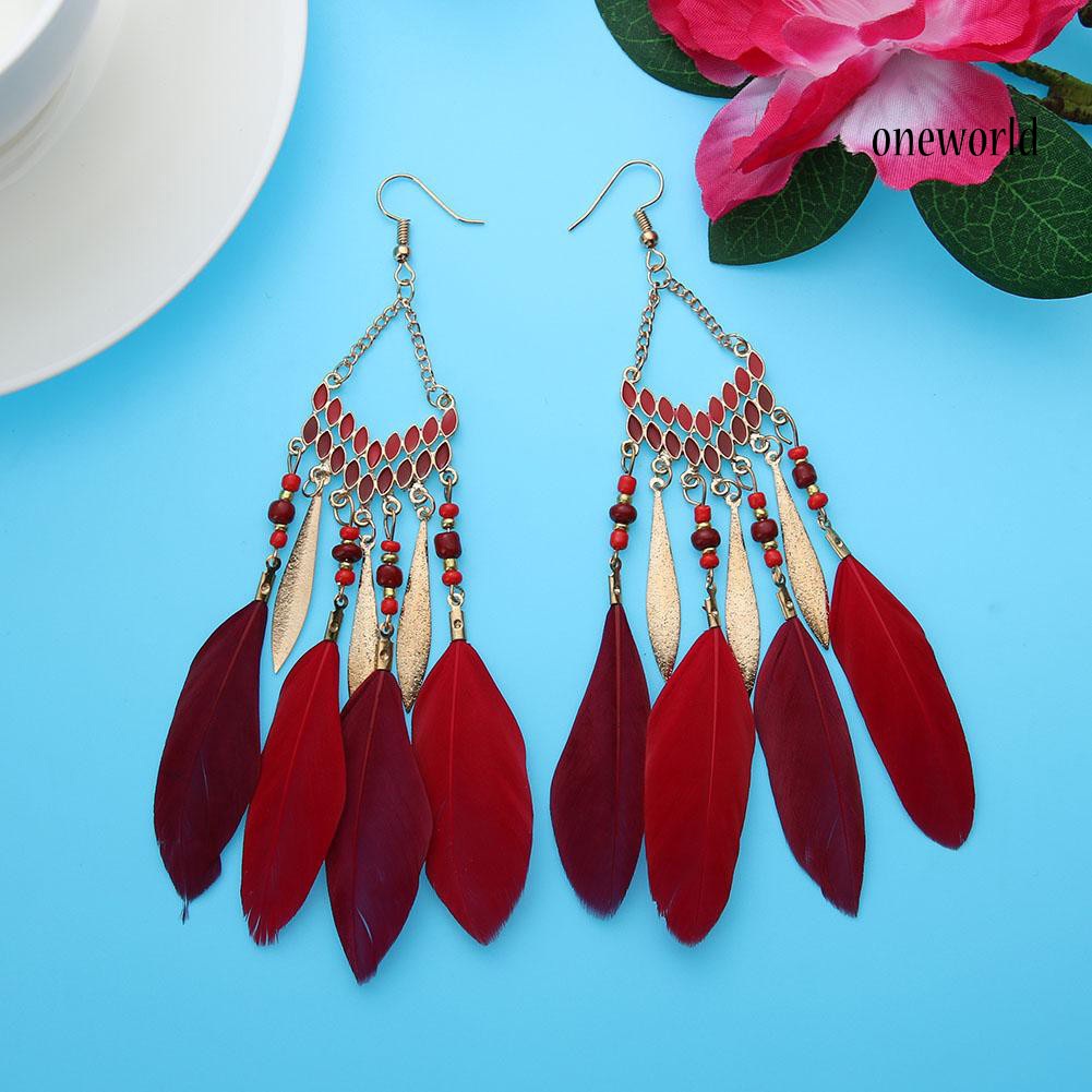 OW@ Vintage Long Dangle Feather Boho Hook Earrings Women Charming Jewelry Gift