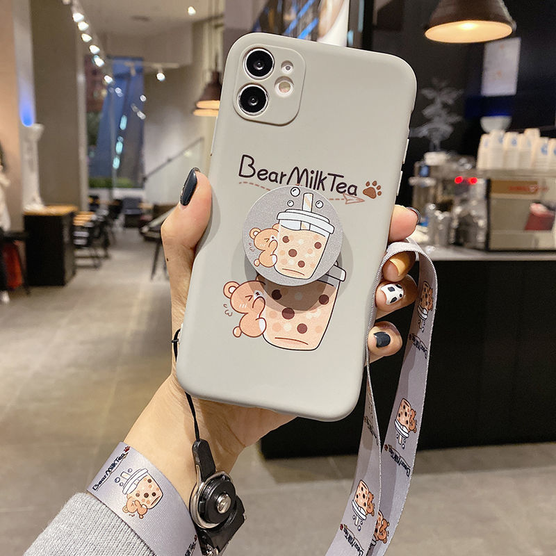 Casing Soft Case Silikon Motif Print Kartun Milk Tea / Milk Tea Dengan Bracket Untuk IPhone Wss7