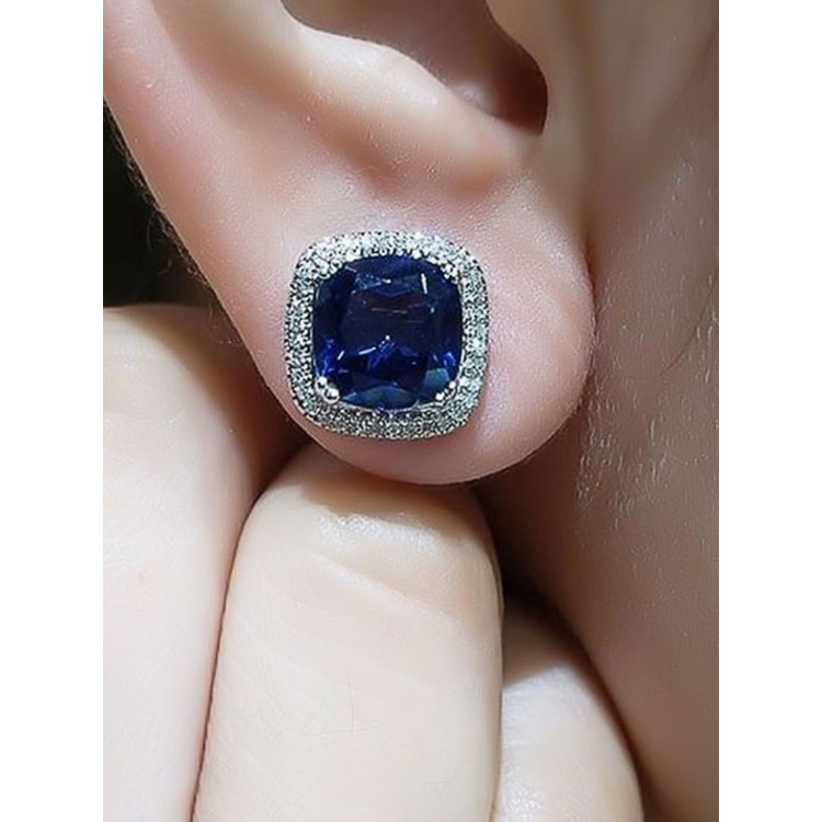 Anting Stud Cubic Zirconia Warna Biru Untuk Wanita